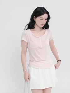 Áo Thun Linen Tay Ngắn Hem Cuốn Màu Hồng Trẻ Hóa