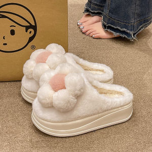 Cotton Slippers Female Winter Wear Cute Flowers Platform Shoes Thick Sole Increased by Interior Home Stuffed Heattech Closed-Toe Slippers