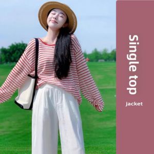YUEZHONGWEI | Red Striped Long Sleeve T-Shirt Women Summer Thin Air Conditioner Outerwear Loose Dopaamine Matching Top Korean Style Commute