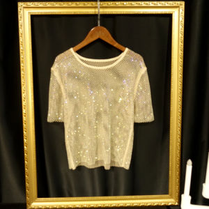 Ladys Rhinestone T-shirt Summer New Shiny Charming Short Sleeve Hollow Out Micro Transparent Fashion Casual Straight Top 5020