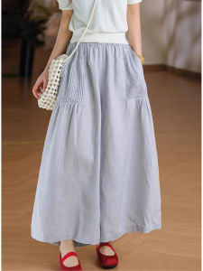 Summer 2025 Loose Cotton Linen Wide Leg Pants Womens High Waist Tuck Fold Simple Style Artistic Nine Points Skirt Pants