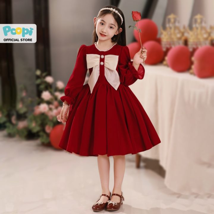 V375-Váy nhung đỏ cao cấp bé gái, áo nỉ giữ nhiệt và váy nhung đỏ