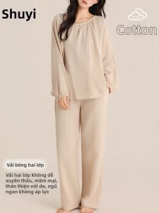 Cotton Double Layer Gauze Comfortable Long Sleeve Long Pants Loungewear Set