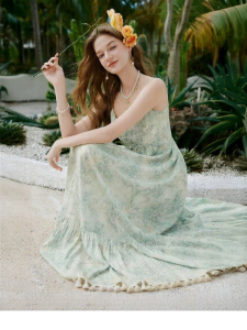 XIANGYING | Green Floral Bohemian V-Neck Maxi Dress