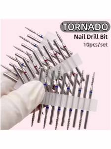 10Pcs Tornado Diamond Drill Bits – Fine/Medium Grit Rotary Burrs for Manicure & Nail Art Spiral Mills