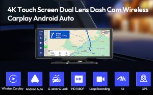 ESSGOO 4K+1080P 10 inch Touch Screen Dual Lens Car DVR Dash Cam WIFI Bluetooth Voice Control Car Camera Drive Recorder 170° Wide Angle Parking Monitor Built-in GPS