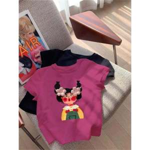 เสื้อยืดแขนสั้นผ้าฝ้ายแท้ลายการ์ตูนสีม่วง ทรงเข้ารูป ฤดูร้อน 2025 เสื้อผ้าทำงานสไตล์เกาหลี แฟชั่นสตรีท แฟชั่นสตรีท