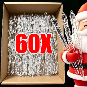 60pcs Transparent Simulation Icicle Ornaments / Shiny Crystal Look Acrylic Pendants / Navidad New Year Xmas Tree & Eaves Winter Theme Decor