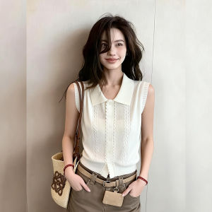 ZHILU | Elegant Polo Neck Sleeveless Knitted Vest Womens Slimming Top
