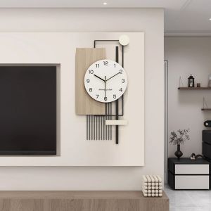 💥Dream Best🔥 Modern Simple Living Room Clock Advanced Sense Wood Grain Decorative Clock Home Large Bedroom Study Room Wall Hanging Punch-Free Silent Wall Clock 33*70cm