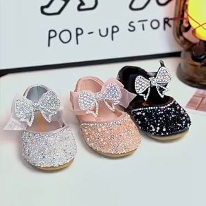 Autumn Girls Rhinestone Leather Shoes 2022 Spring Pearl Bow Princess Shoes Soft Children Baby Toddler Single Shoes G06