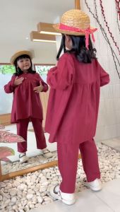Setelan Anak Cewek Khanza Linen Hooneybee Junior Warna Maroon Size 2-10 TH