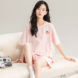 Womens Summer Lightweight Short Sleeve Pure Cotton Pajamas Set Comfortable Breathable Home Clothes Nightgown Two-Piece Suit