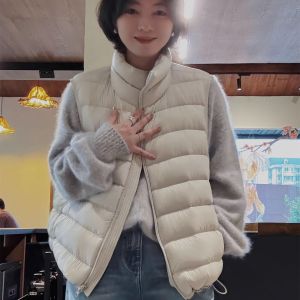 Womens Short down Vest White Duck Feather Loose Fit Fashion Korean Style Autumn Winter Warm Zipper Closure Solid Color Top