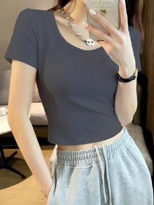 Short Sleeve Cotton T-Shirt Womens High Waist Crop Top Cute Small Size 2024 New Style Tight Fit Summer Fashion Ladies Clothing