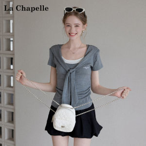 La Chapelle | Navy Collar Faux Two-Piece Letter Embroidered Pleated Fitted T-shirt