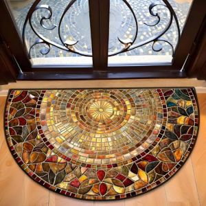 VIKAMA Retro Vine Flower Semicircle Doormat Non Slip Entryway Rug Indoor Outdoor Foyer Decor