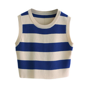 เสื้อกั๊กถักลายทางเอวสูงสำหรับผู้หญิง เสื้อเชิ้ตแขนกุดแบบลำลอง เสื้อชั้นในฤดูร้อน 2025 ใหม่ เสื้อชั้นในสไตล์หวาน