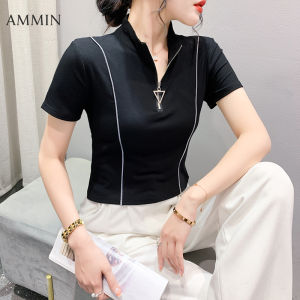 AMMIN Đơn Giản Mới Mùa Hè Cổ Tròn Áo Thun Cotton Màu Đen Thời Trang Dây Kéo Thiết Kế Áo Nữ Phiên Bản Hàn Quốc Phong Cách Cá Tính Ép Nếp Thiết Kế Khâu Thoải Mái Áo Blouse Thanh Lịch