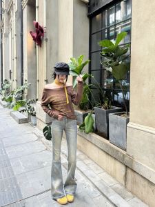 Tristine Retro American Washed Heavy Duty Womens Jeans High Waist Bell Bottoms Floor Length Decorated with Rivets Cotton Stretch Denim