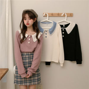 Loose Long Sleeve Knitted Shirt Womens Padded Collar Spring Autumn New Style Casual Outerwear Sweater Korean Version Polyester