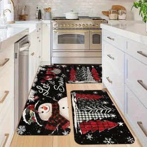 VIKAMA Buffalo Check Snowman Giáng Sinh Thảm Nhà Bếp Mềm Mại Chống Trơn Trượt Có Thể Giặt Được Hành Lang Thảm Đầu Giường Phòng Ngủ Thảm Ngày Lễ Trang Trí Nhà Cửa