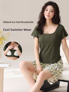 miiow | Cat Woman Summer Sleepwear Set With Chest Pad Loose Casual Short Sleeve Shorts Home Clothes For Women Breathable Lightweight Polyester Fiber