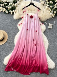 Váy Mùa Hè Cho Nữ Dáng Chữ a Không Tay Dài Vừa Phải Họa Tiết Hoa Ba Chiều Màu Khối Phong Cách Pháp Váy Dài Thường Ngày Mùa Xuân