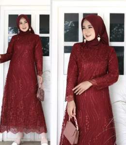 Gamis tulle brokat depan belakang full bordir tebal