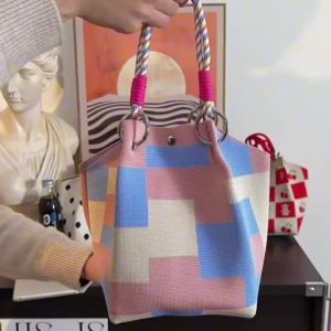 Womens Color Block Knit Tote Bag Bucket Bag Storage Bag with Adjustable Straps & Metal Rings Snap Closure for Casual Travel