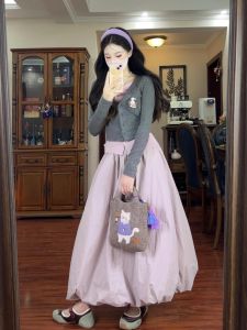 Váy Dài Vừa Phải Cạp Cao Cho Nữ Mùa Thu 2024 Váy Chữ a Màu Xám Hồng Phong Cách Công Sở Mới Váy Dài Nửa Thân