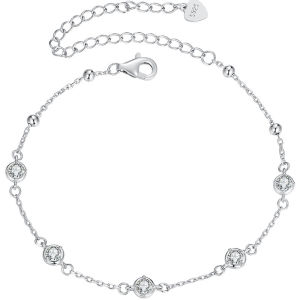 BAMOER 925 Sterling Silver Bezel Setting Starry Moissanite Bracelet Round Beads Chain Link for Women Anniversary Jewelry Gift MSB010