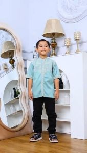 Baju koko anak Pakde bordir Hijau Sage Lengan pendek