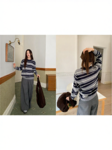 NIHAOKANONG | Áo Sweater Sọc Đa Màu Phong Cách Hàn Quốc Cho Nữ Mùa Xuân Thu