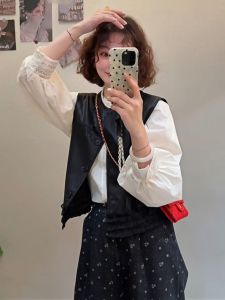 เสื้อกั๊กหนังสไตล์เกาหลีสำหรับผู้หญิง ฤดูใบไม้ผลิ 2025 ทรงใหม่ ดีไซน์เก๋ไก๋ แขนกุด คอตั้ง ปกติ ปกติ