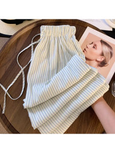 กางเกงขายาวทรงหลวมสบาย ๆ สไตล์ลำลอง กางเกงขายาวทรงขากว้างเอวสูงลายทางสำหรับผู้หญิงในช่วงฤดูร้อน