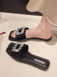 Summer Outdoor Womens Slippers French Style Water Diamond Flat Bottom Sandals Fairy Style Beach Cool Slippers Casual Slip-On