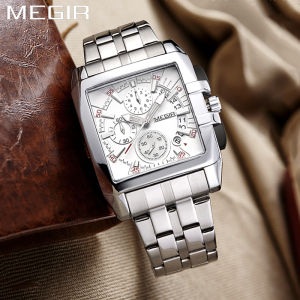 MEGIR Nam Mặt Vuông Đồng Hồ Thạch Anh Thép Không Gỉ Chronograph Kinh Doanh Đồng Hồ Đeo Tay Dạ Quang Tay Chống Sốc Chống Nước