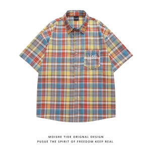 เสื้อเชิ้ตแขนสั้นลายสก็อตปักลายสไตล์ย้อนยุคแบบอเมริกันสำหรับฤดูร้อน ทรงหลวมๆ ลำลอง สำหรับผู้ชายและผู้หญิง