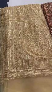 ​Luxury Gold African Lace Fabric - Heavy Bead and Sequin Embroidery with Teardrop Design Premium Net Material For Evening Wear