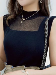 เสื้อกั๊กไหมน้ำแข็งถักแขนกุดคอสูงครึ่งตัวสำหรับผู้หญิงในฤดูร้อน เสื้อชั้นในสูทบาง ใส่ด้านนอก เสื้อชั้นในแบบสวมคอวี