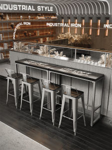 Industrial Style Solid Wood Bar Table for Coffee Shop Restaurant Commercial Use High Top with Chairs against the Wall Long