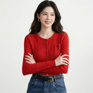 Vintage French Red Ribs Knit Cardigan Slim Fitting