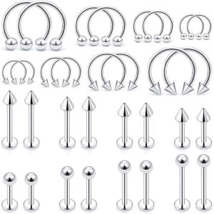 32PCS Surgical Steel Lip Rings Labret Jewelry - Monroe & Snake Bite Piercing 16G Helix/Daith/Tragus Studs for Women Men