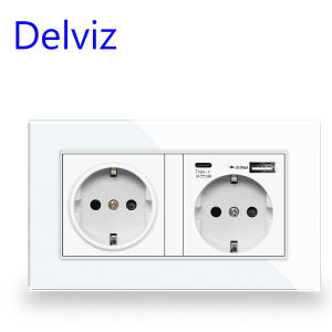 Delviz Wall Power Double Outlet 5V 3100mA With usb Quick charge Port Tempered glass panel EU Standard 18W Type C USB Socket