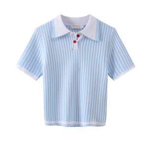 YUEZHONGWEI | เสื้อยืดคอโปโลแขนสั้นทรงสลิมฟิตสำหรับผู้หญิงในช่วงฤดูร้อน สีฟ้า ลายทาง ทรงเข้ารูป เสื้อผ้าทำงานสไตล์เกาหลี