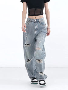 กางเกงยีนส์ทรงตรงเอวสูงสไตล์อเมริกัน กางเกงขายาวทรงหลวมสไตล์ย้อนยุค ดีไซน์ขาดๆ ประดับเพชร ฤดูร้อน 2025 กางเกงยีนส์แฟชั่นสำหรับผู้หญิง