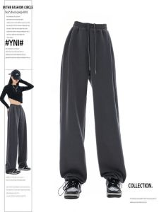Deep Grey Womens Sport Pants Drawstring Wide Leg Casual Straight Cut Trousers Spring Autumn New American Style Commute