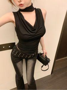 GUZILIAN | Black Shiny Thread Elastic Halter Neck Knitted Vest T-shirt Summer New French Style Slimming Top Womens Fashion Casual Wear