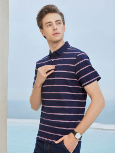 Youngor | Silk Blend Summer Mens Short Sleeve Cool Polo Shirt Business Casual Stripe